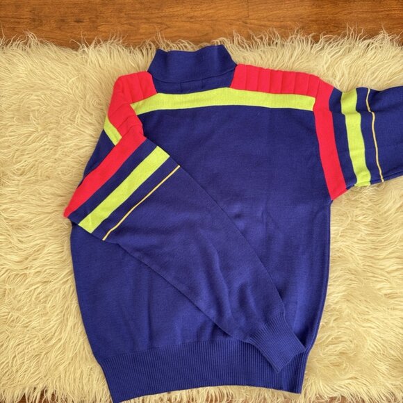 Vintage Slalom Mens Ski Sweater Royal Blue Neon Lime Fuchsia 80s 90s LG 1/4 Zip - Picture 11 of 12